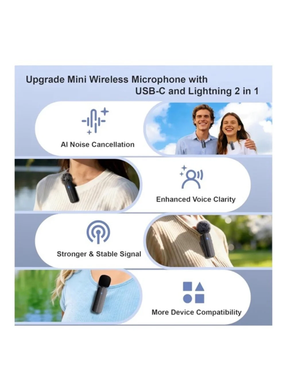Wireless Lavalier Microphone USB-C Lightning Clip-on AI Noise Cancellation